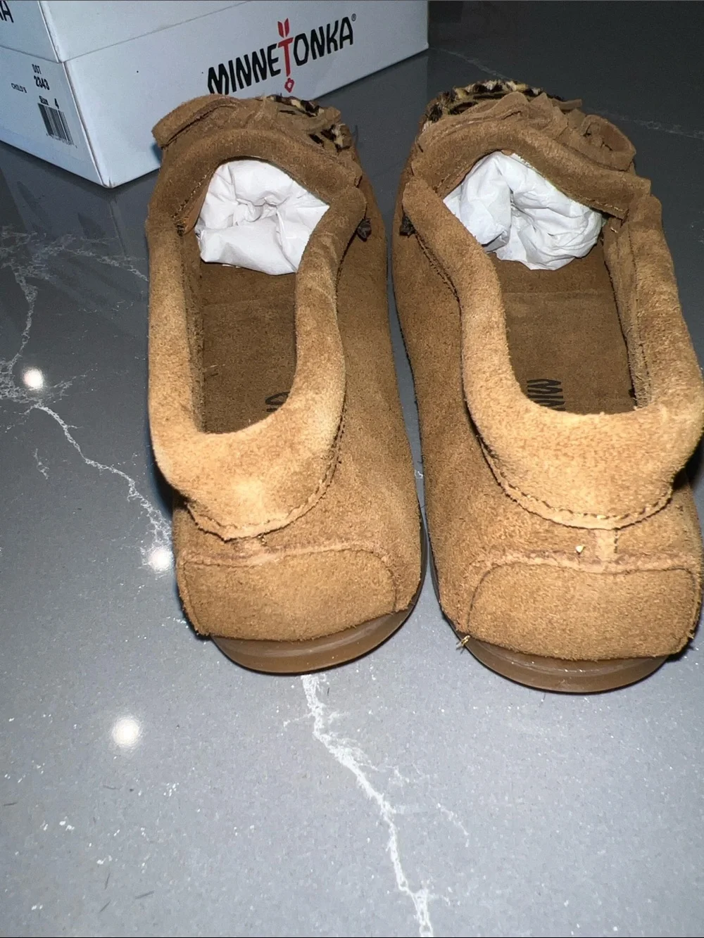 Minnetonka KIDS Suede Moccasins with Leopard Haircalf Accent DUSTY BROWN